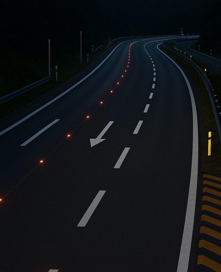 Night highway with reflective lane markings and road studs