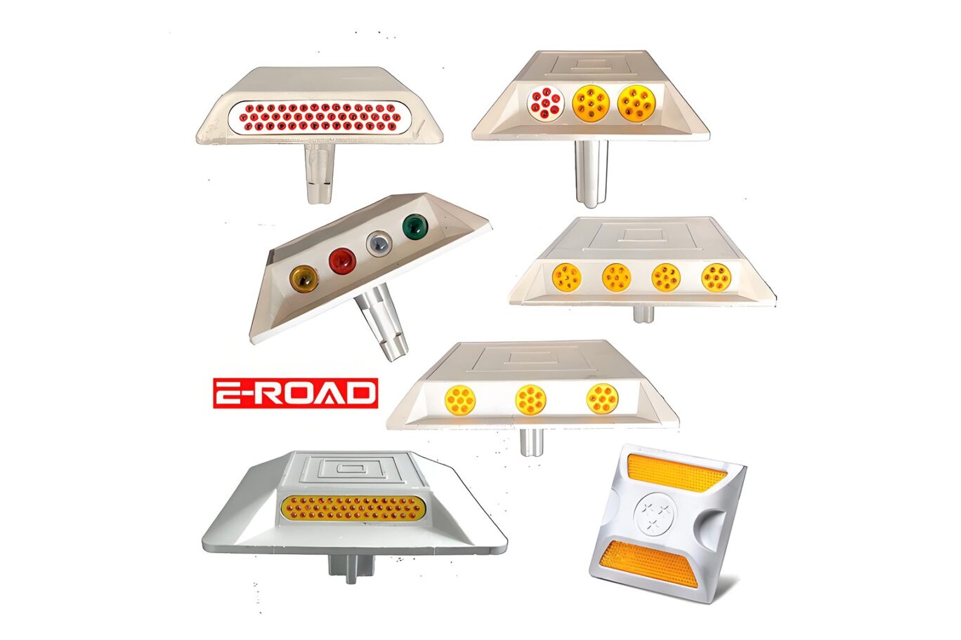 Assorted E-ROAD LED and reflective road studs in different shapes and colors