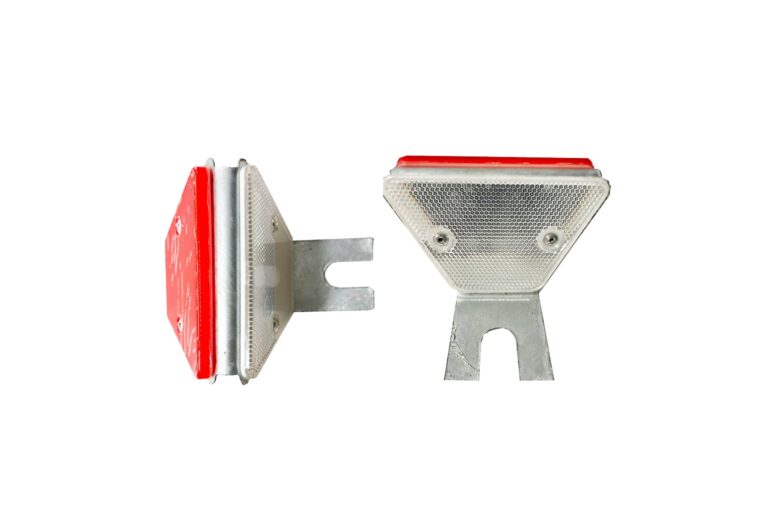 Triangle guardrail reflector with red and white reflective faces mounted on a galvanized steel bracket