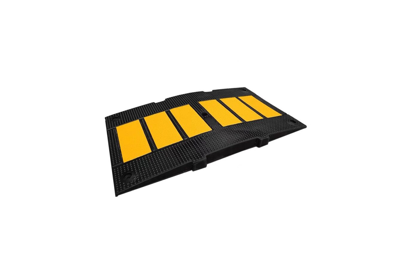 Heavy-duty black rubber speed bump with yellow reflective panels for traffic calming and speed control