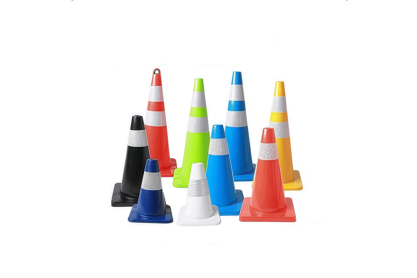 Multi-color PVC traffic cones with reflective collars in different sizes for road and parking safety