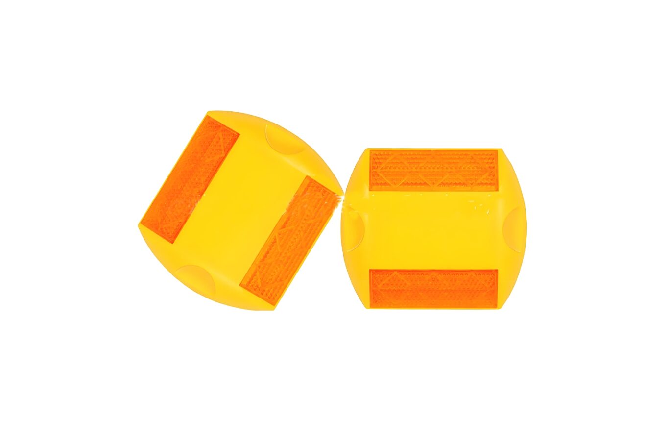 Yellow plastic reflective road studs with double-sided amber panels for lane marking