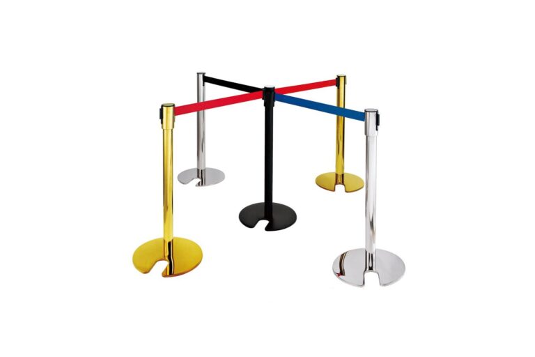 Retractable belt barrier stanchions with red and blue belts for crowd control.