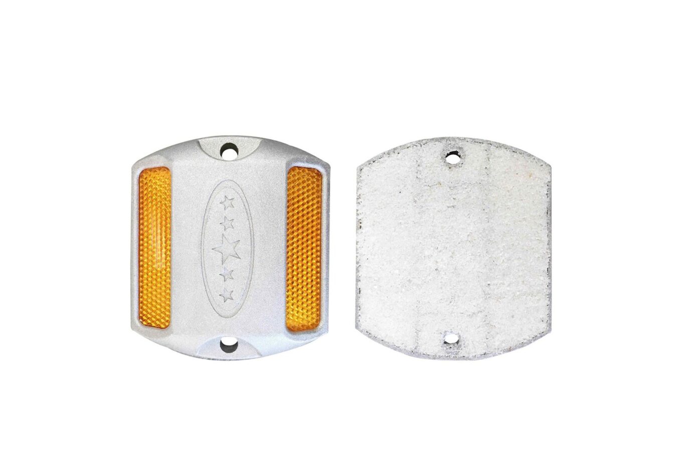 Rounded rectangle aluminum road stud with amber reflectors front and back
