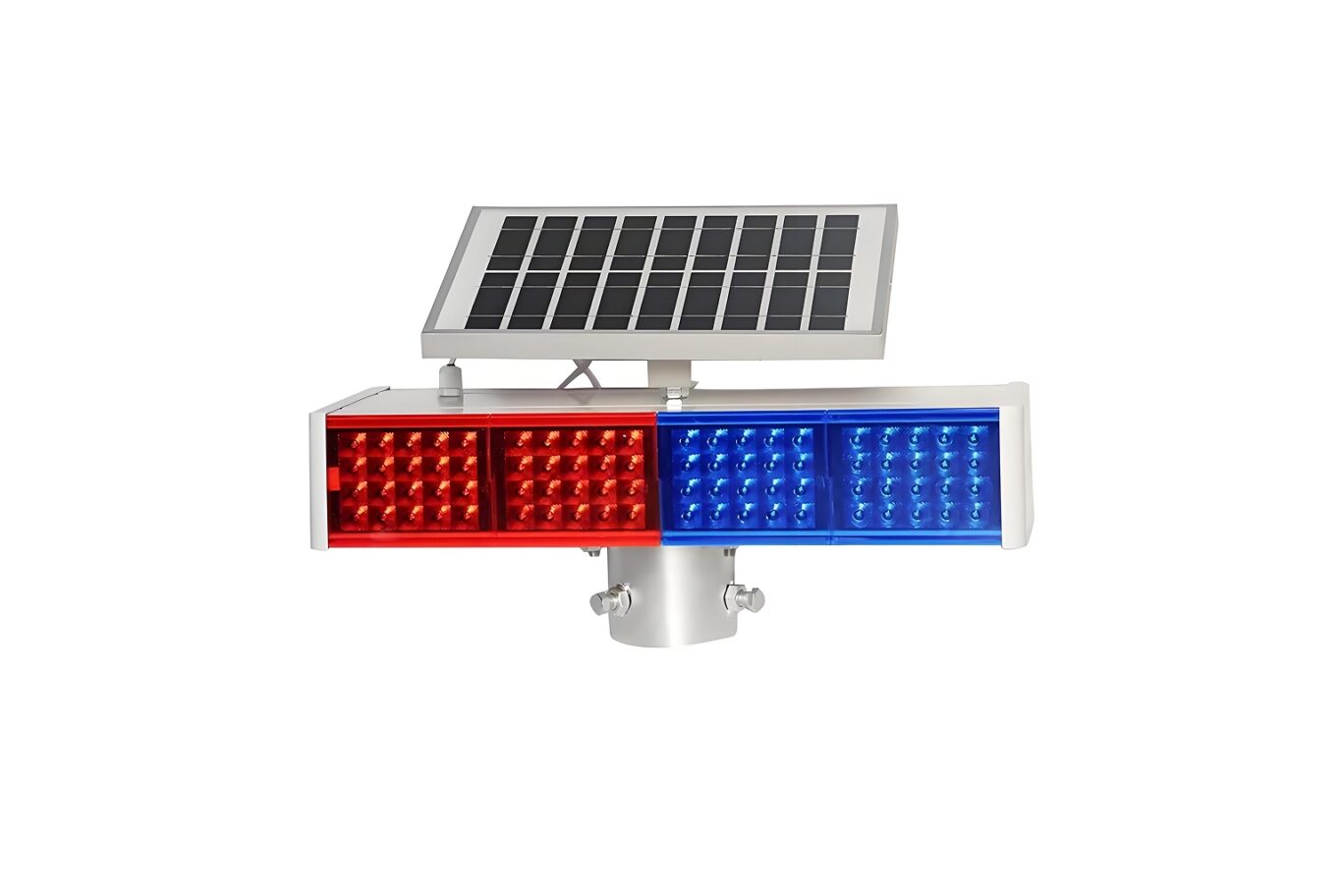 Solar powered red and blue LED warning light bar with top solar panel for traffic safety and security