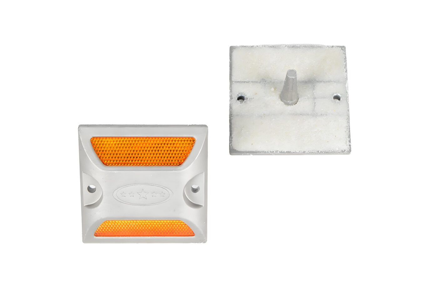 Square aluminum reflective road stud with amber panels front and back view