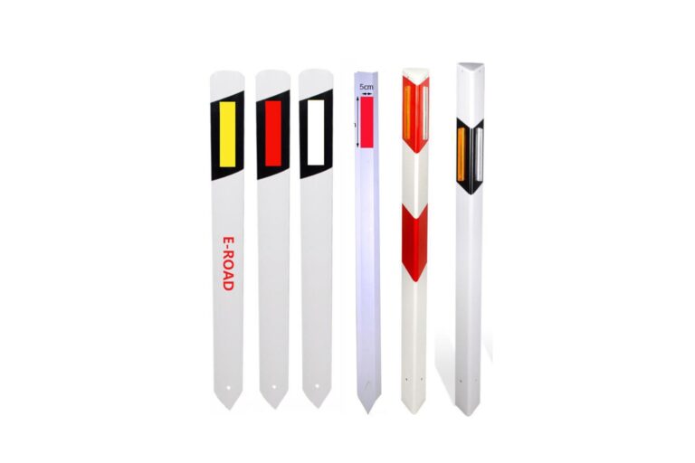 White roadside guide posts with colored reflective panels.