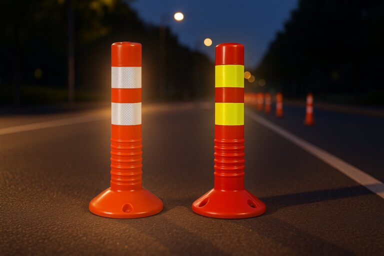 Two reflective warning guide posts standing on a nighttime road, showing their high visibility for traffic safety.