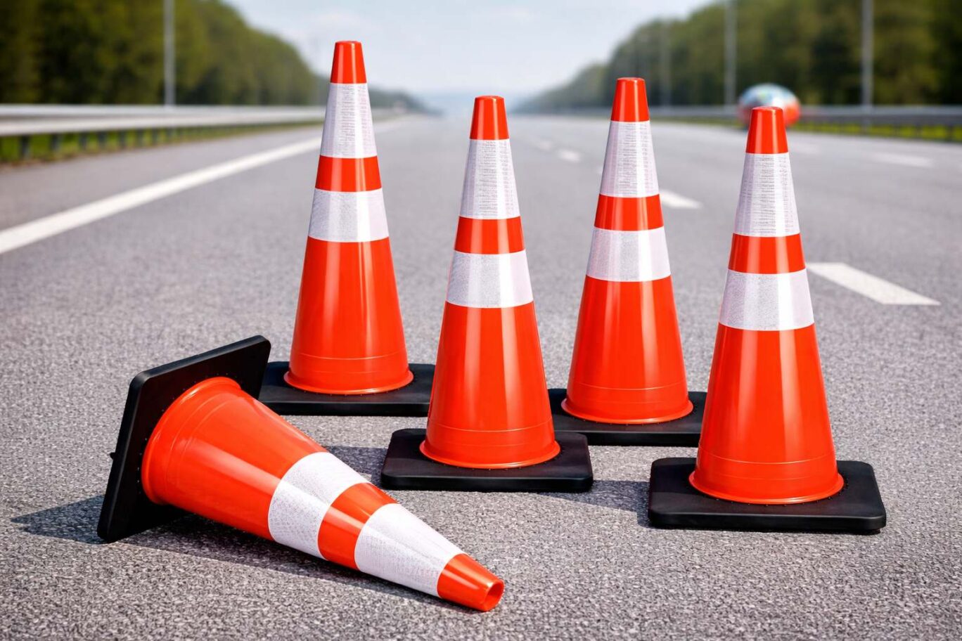 Orange traffic cones with reflective collars placed on a highway road for traffic control and safety